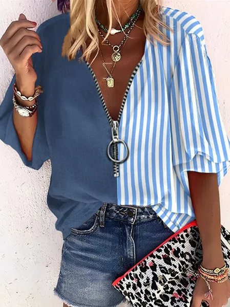 

Zipper V Neck Color Block Casual Loose Shirt, Blue, Shirts & Blouses