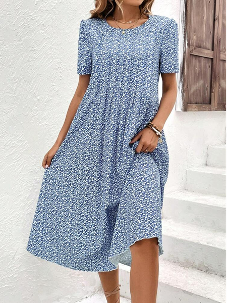 

Floral Casual Crew Neck Loose Dress, Blue, Dresses
