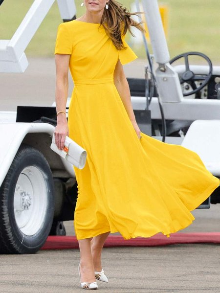 

Boat Neck Plain Elegant Dress, Yellow, Maxi Dresses