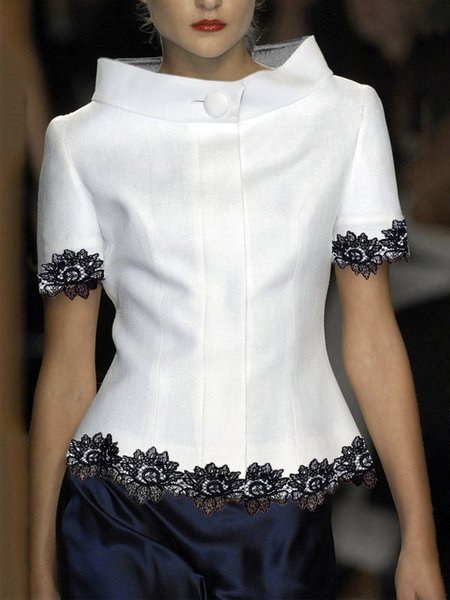 

Stand Collar Color Block Urban Regular Fit Blouse, White, Blouses and Shirts