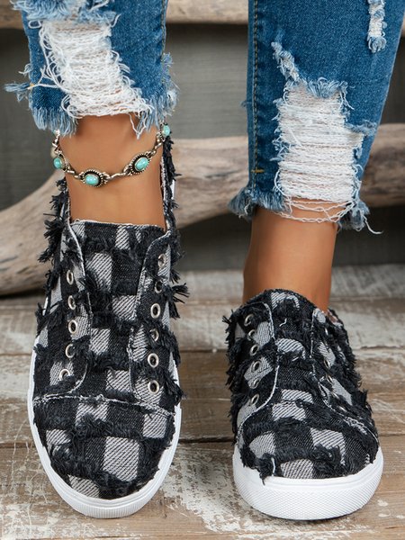 

Color Block Plaid Fringe Slip On Canvas Shoes, Black, Sneakers