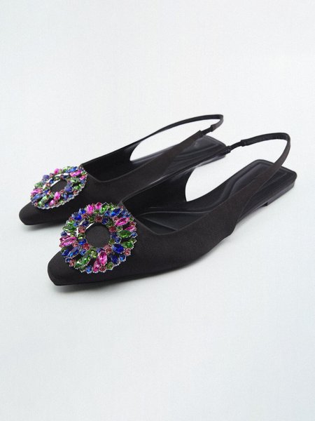 

Multicolored Rhinestone Design Black Suede Drop Back Flats, Flats
