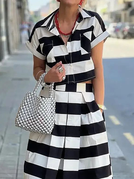 

Regular Fit Striped Shirt Collar Short sleeve Urban Blouse, Stripe, Blouses and Shirts