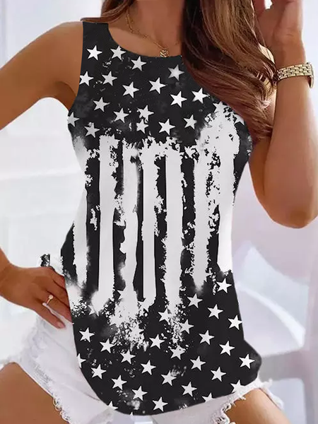 

Women's America Flag Crew Neck Cotton-Blend Casual Tank Top, Black, Tank Tops
