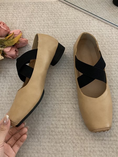 

Vintage Rubbed Cross Stripes Block Heel Ballerinas, Khaki, Flats