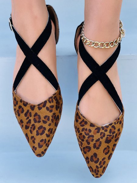 

Pink Glitter Leopard Suede Cross Stripes Pointed Toe Flats, Flats