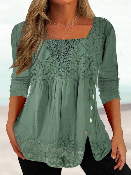 

Casual Lace Square Neck Long Sleeve Loose Plus Size Shirt, Green, Shirts & Blouses