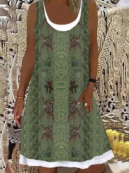 

Ethnic Crew Neck Vintage Dress, Green, Dresses