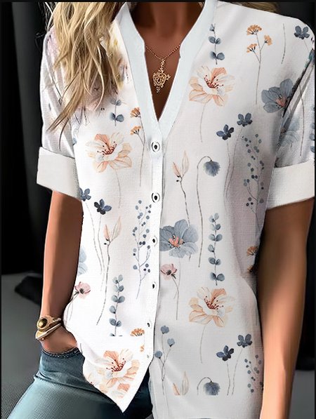 

Country Casual/Field Flowers Floral Print Short Sleeve Shirt, White, Shirts & Blouses