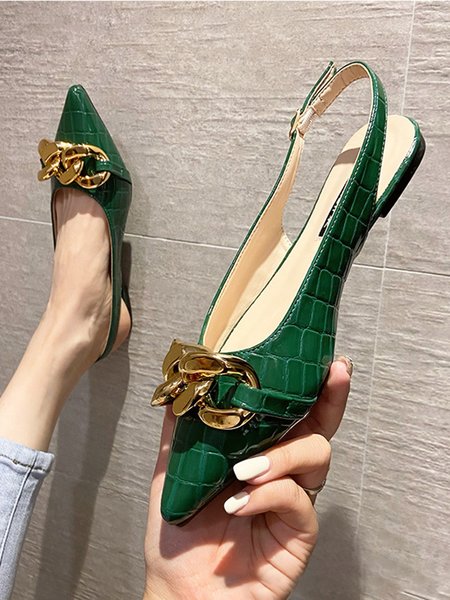 

Croc Embossed Gold Chain Pointed Toe Pumps, Darkgreen, Flats