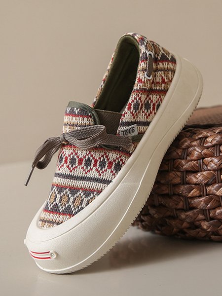 

Retro Ethnic Wind Breathable Elastic Fly Knit Slip-On Sneakers, Army green, Sneakers