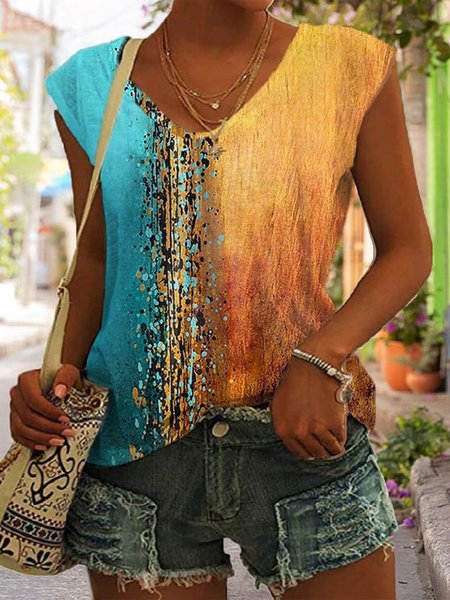 

Abstract Casual Cap Sleeve Loose Shirt, Multicolor, Shirts & Blouses