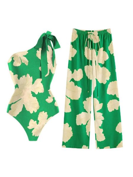 

Vacation Floral One Shoulder One Piece With Cover Up, Green, Swimsuit with Coverups