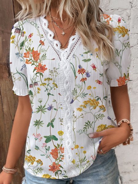 

Rustic Floral/Lace Panel Loose Short Sleeve Top, White, Shirts & Blouses
