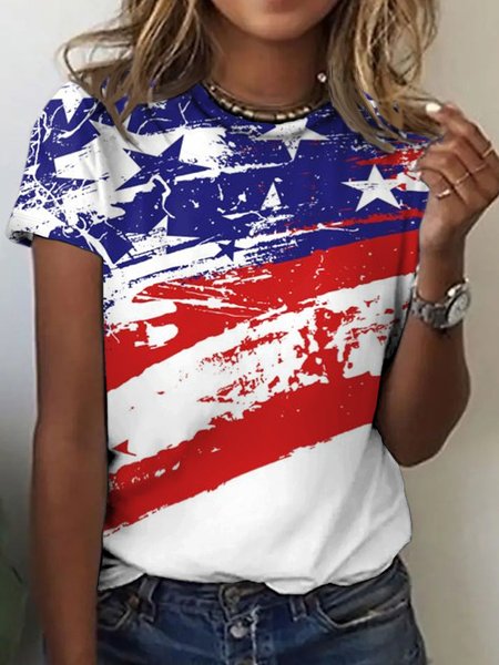

Women's Crew Neck America Flag Print Casual T-Shirt, As picture, T-shirts