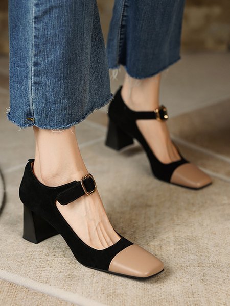 

Suede Color Contrast Stitching Classic Chunky Heel Mary Jane Shoes, Apricot, Pumps