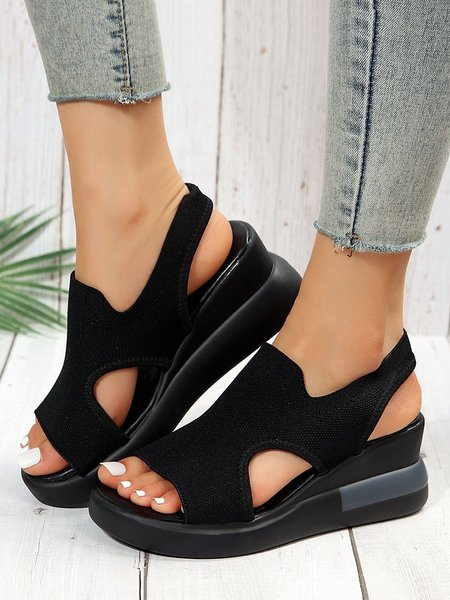

Casual Breathable Mesh Fabric Slip On Wedge Sandals, Black, Sandals