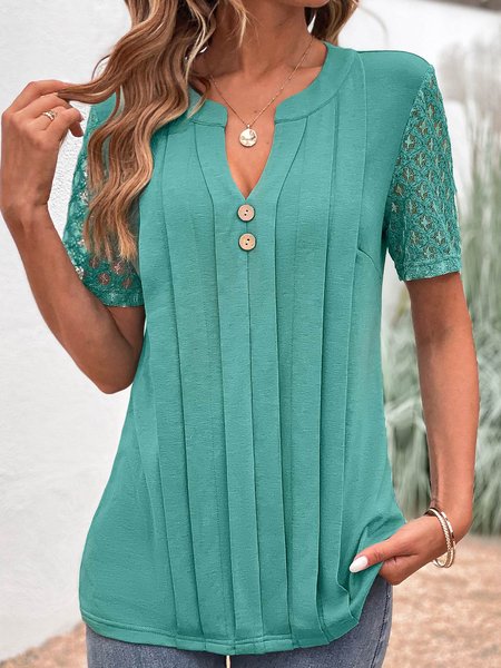 

Country Casual/Lace Panel Loose Top, Green, Shirts & Blouses