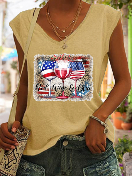 

Women's Red Wine and Blue 4th of July Leopard Print American Flag V Neck Cotton-Blend Simple Tank Top, Khaki, Tank Tops