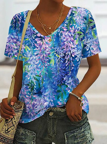 

Country Casual Floral/V-Neck Loose Knit T-Shirt, Blue, T-Shirts