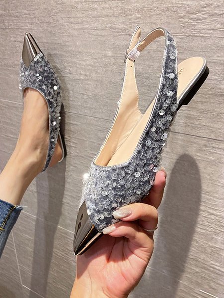 

Sequins Metal Point Toe Dress Flats, Light gray, Flats