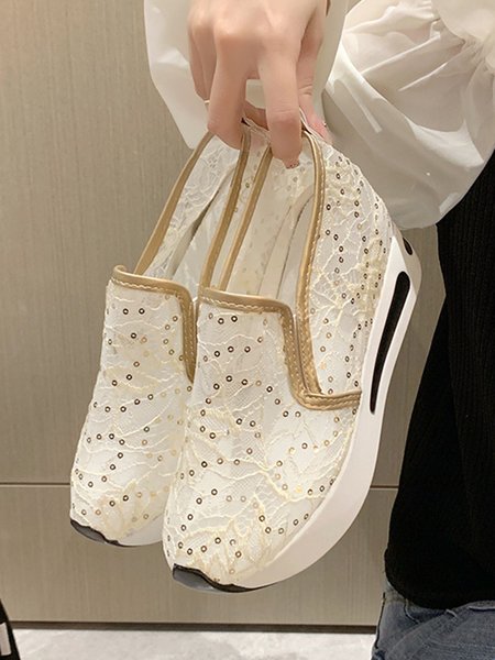 

Sequins Flower Embroidery Lace Breathable Heat Dissipation Heightened Casual Sneakers, Golden, Sneakers