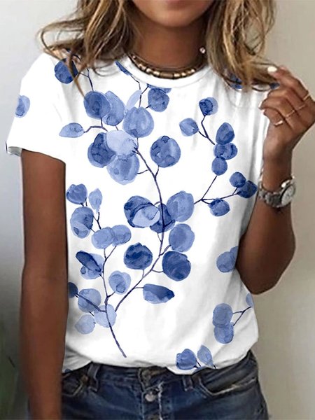 

Loose Leaf Casual Crew Neck T-Shirt, Blue, T-Shirts