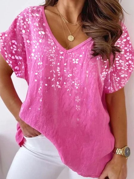 

Plus Size V Neck Floral Casual Blouses, Pink, Shirts & Blouses