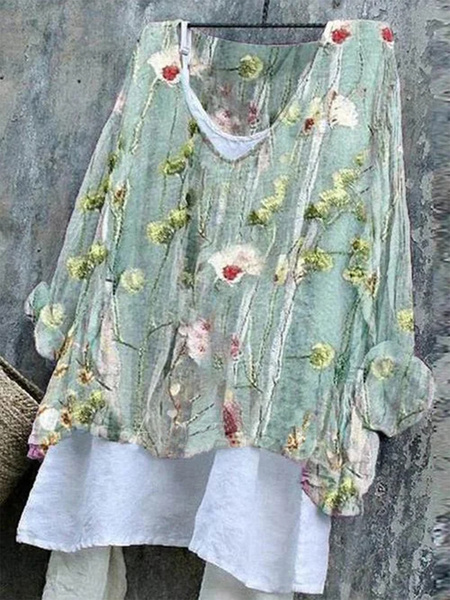

Plus Size Painting Loose Casual V Neck Shirt, Green, Shirts & Blouses