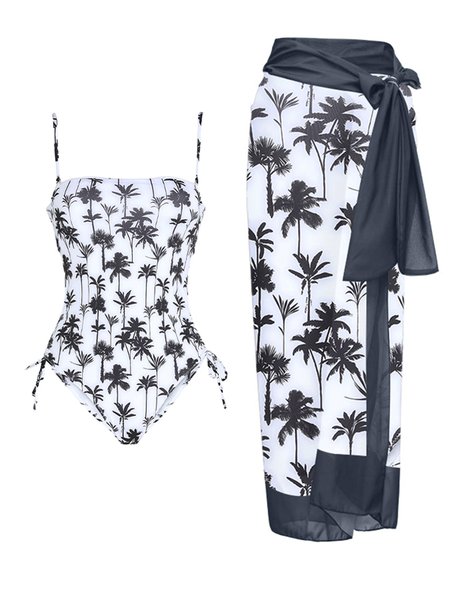 Casual Plants Printing Strapless One Piece With Cover Up, Black-white, swimwear>>One-Pieces