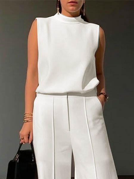 

Plain Stand Collar Urban Regular Fit Tank Top, White, Tanks and Camis