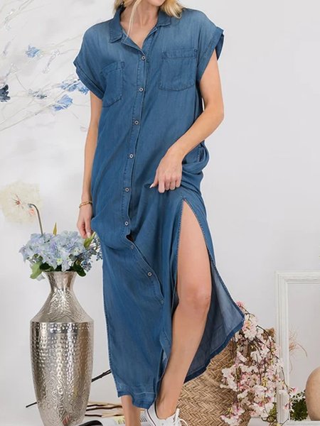 

Denim Button Down Maxi Shirt Dress With Pockets, Blue, Dresses