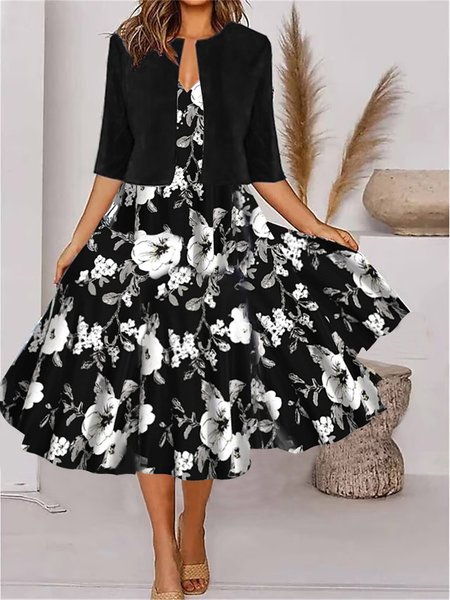 

Floral Elegant V Neck Loose Two-Piece Set, Black, Elegant Dresses