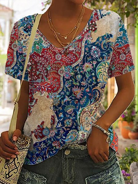 

Loose V Neck Ethnic Vintage T-Shirt, Red-blue, T-Shirts
