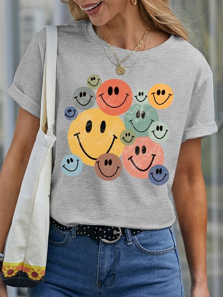 

Women's Cotton Keep Smile Casual Crew Neck T-Shirt, Light gray, T-shirts