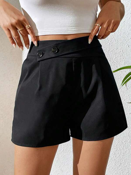 

Casual Solid Color Pleated Baggy Shorts, Black, Shorts