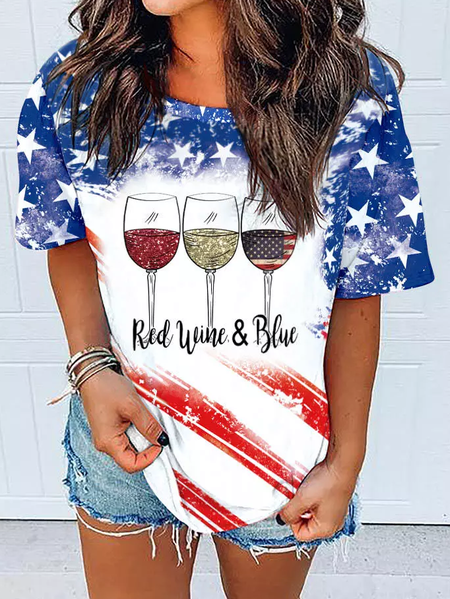 

Women's Red Wine & Blue American Flag Crew Neck Casual T-Shirt, T-shirts