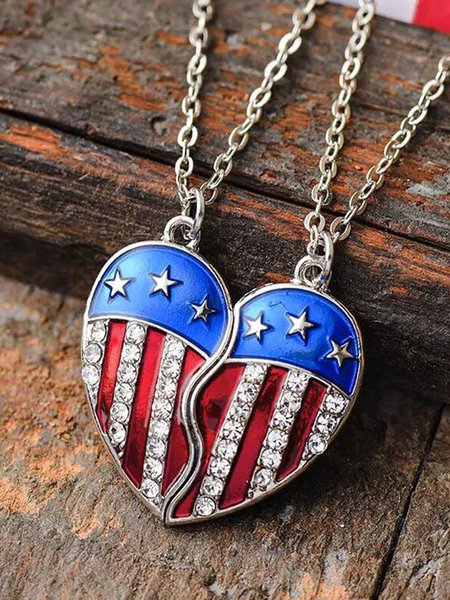

Independence Day American Flag Pattern Heart Necklace Set Party Holiday Jewelry, Silver, Necklaces