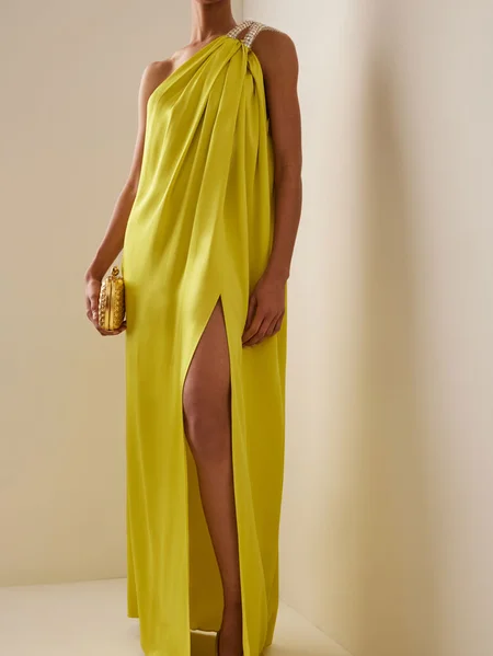 

Satin One-Shoulder Maxi Dress, Yellow, Maxi Dresses