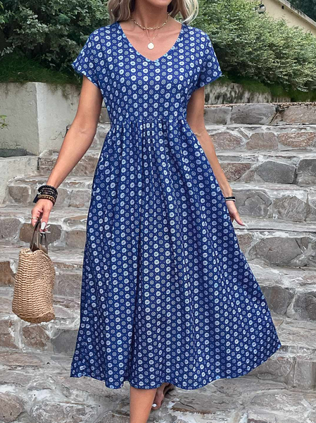 

V Neck Casual Loose Dress With No Belt, Blue, Dresses