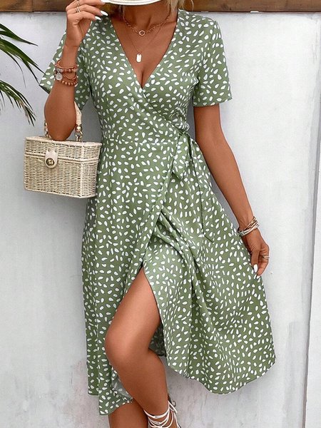 

Womens Print Knot Side Wrap Dress, Green, Dresses