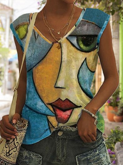 

V Neck Casual Loose Abstract Tank Top, Blue, Tanks & Camis