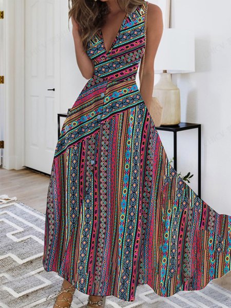 

Womens Loose Ethnic Casual V Neck Dress, Red, Dresses