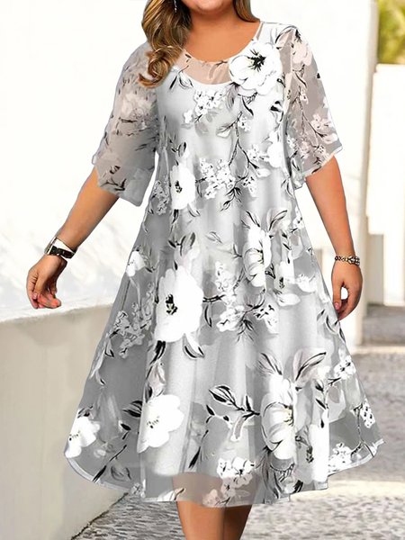

Floral Crew Neck Elegant Dress, Gray, Dresses