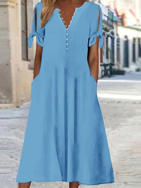 

Buckle Notched Plain Loose Casual Dress, Blue, Dresses