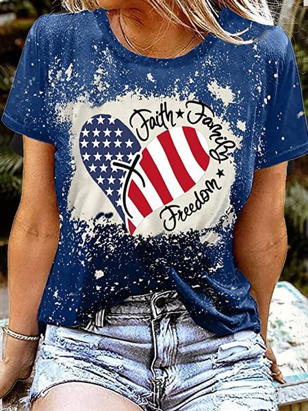 

Women's Heart USA flag faith family freedom Casual Text Letters Crew Neck T-Shirt, Blue, T-shirts