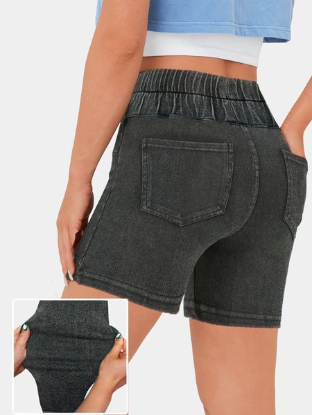 

Plain Casual Pocket Stitching Denim Denim Shorts, Black, Shorts
