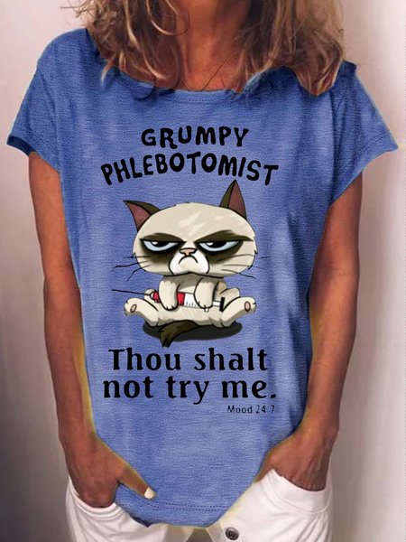 

Women's Funny Grumpy Cat Print Crew Neck Casual T-Shirt, Blue, T-shirts