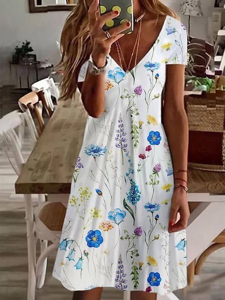 V Neck Casual Floral Cotton Dress, White, Dresses
