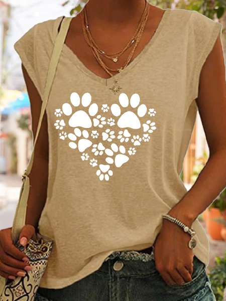 

Women‘s Paw heart print Casual Cotton-Blend Tank Top, Khaki, Tank Tops